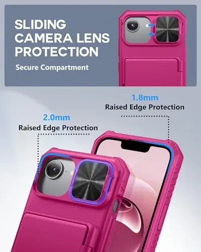 ATATOO iPhone 16e uchun karta ushlagichi (3-5 karta) bilan hamyon g'ilofi [RFID blokirovkasi] va suriluvchi kamera qopqog'i, harbiy darajadagi himoya, ayollar va erkaklar uchun iPhone 16e 6.1