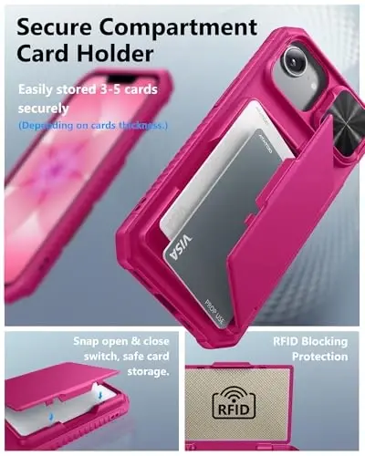 ATATOO iPhone 16e uchun karta ushlagichi (3-5 karta) bilan hamyon g'ilofi [RFID blokirovkasi] va suriluvchi kamera qopqog'i, harbiy darajadagi himoya, ayollar va erkaklar uchun iPhone 16e 6.1