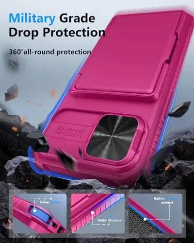 ATATOO iPhone 16e uchun karta ushlagichi (3-5 karta) bilan hamyon g'ilofi [RFID blokirovkasi] va suriluvchi kamera qopqog'i, harbiy darajadagi himoya, ayollar va erkaklar uchun iPhone 16e 6.1