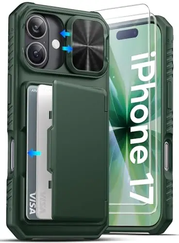 ATATOO iPhone 17 Cüzdan Kılıf, HD Temperli Cam Ekran Koruyucu [2'li Paket], Kartlık ve Sürgülü Kamera Kapağı, Askeri Sınıf Koruma, iPhone 17 6.3