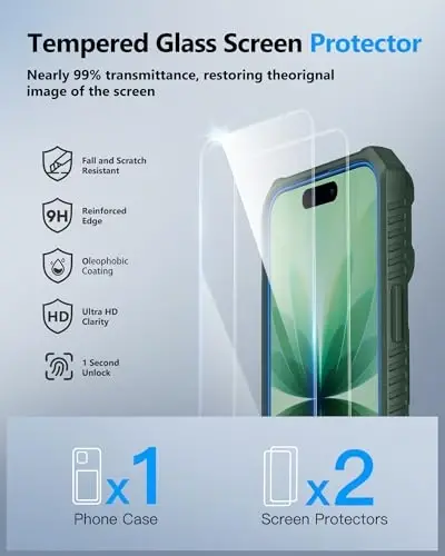 ATATOO iPhone 17 Cüzdan Kılıf, HD Temperli Cam Ekran Koruyucu [2'li Paket], Kartlık ve Sürgülü Kamera Kapağı, Askeri Sınıf Koruma, iPhone 17 6.3