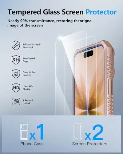 ATATOO iPhone 17 Cüzdan Kılıf, HD Temperli Cam Ekran Koruyuculu [2 Adet], Kartlık ve Sürgülü Kamera Kapağı, Askeri Sınıf Koruma, iPhone 17 6.3