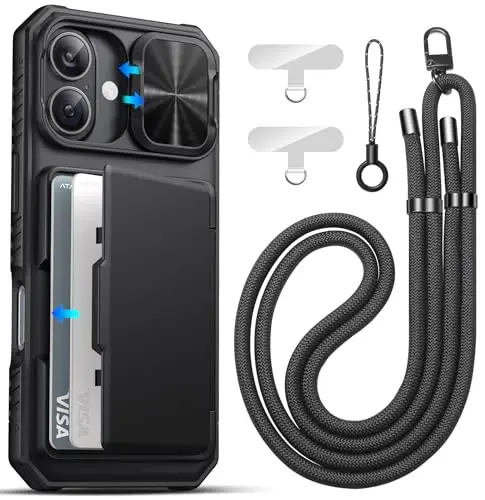 ATATOO for iPhone 17 Case Wallet with Lanyard, Phone Strap Crossbody for Women Men, Card Holder & Slide Camera Cover, Military Grade Protection, Rugged Protective Case for iPhone 17 6.3