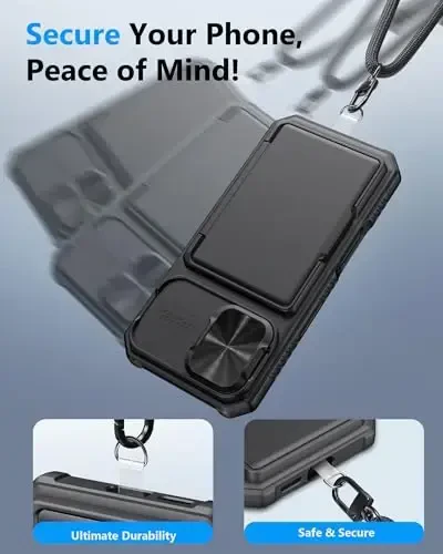ATATOO for iPhone 17 Case Wallet with Lanyard, Phone Strap Crossbody for Women Men, Card Holder & Slide Camera Cover, Military Grade Protection, Rugged Protective Case for iPhone 17 6.3