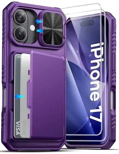 ATATOO iPhone 17 uchun g‘ilof hamyon, HD temperli shisha ekran himoyachisi [2 dona], karta ushlagichi va siljituvchi kamera qopqog‘i, harbiy darajadagi himoya, iPhone 17 6.3