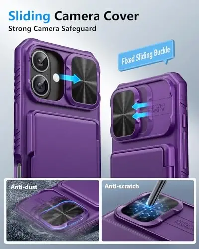ATATOO iPhone 17 uchun g‘ilof hamyon, HD temperli shisha ekran himoyachisi [2 dona], karta ushlagichi va siljituvchi kamera qopqog‘i, harbiy darajadagi himoya, iPhone 17 6.3