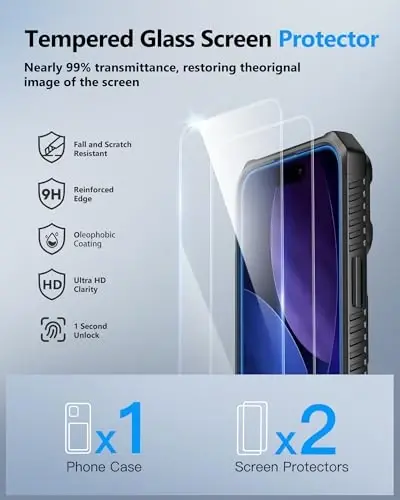 ATATOO iPhone 17 uchun g'ilof, HD temperlangan shisha ekran himoyachisi [2 dona], karta ushlagichi va sirg'anuvchi kamera qopqog'i, harbiy darajadagi himoya, iPhone 17 6.3