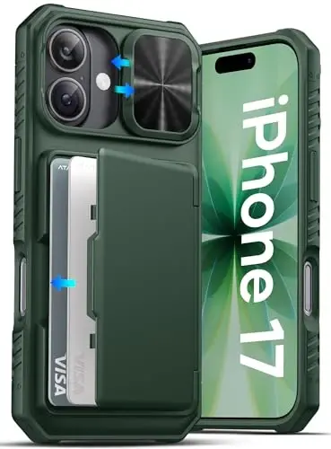 ATATOO iPhone 17 uchun g‘ilof, ichiga o‘rnatilgan karta ushlagichi (3-5 ta karta sig‘adi) [RFID] va suriluvchi kamera qopqog‘i, harbiy standart himoya, og‘ir yuk ko‘taruvchi mustahkam hamyon g‘ilofi iPhone 17 6.3