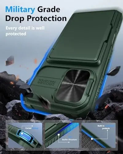 ATATOO iPhone 17 uchun g‘ilof, ichiga o‘rnatilgan karta ushlagichi (3-5 ta karta sig‘adi) [RFID] va suriluvchi kamera qopqog‘i, harbiy standart himoya, og‘ir yuk ko‘taruvchi mustahkam hamyon g‘ilofi iPhone 17 6.3