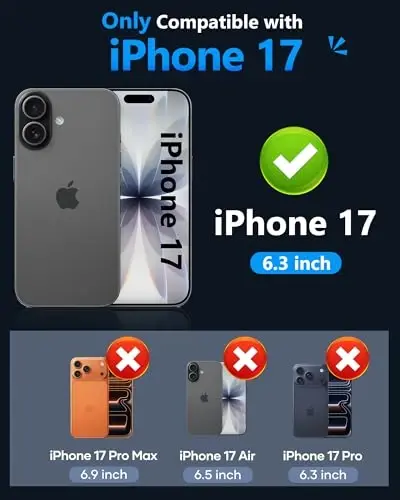 ATATOO iPhone 17 uchun hamyonli gʻilof, ichiga oʻrnatilgan karta ushlagichi (3-5 ta karta) va stend va kamera qopqogʻi, harbiy darajadagi himoyaga ega, mustahkam silikon oyoqli telefon gʻilofi iPhone 17 6.3