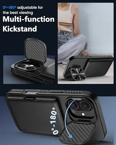 ATATOO iPhone 17 uchun hamyonli gʻilof, ichiga oʻrnatilgan karta ushlagichi (3-5 ta karta) va stend va kamera qopqogʻi, harbiy darajadagi himoyaga ega, mustahkam silikon oyoqli telefon gʻilofi iPhone 17 6.3