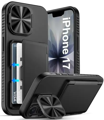 ATATOO iPhone 17 uchun hamyonli gʻilof, ichiga oʻrnatilgan karta ushlagichi (3-5 ta karta) va stend va kamera qopqogʻi, harbiy darajadagi himoyaga ega, mustahkam silikon oyoqli telefon gʻilofi iPhone 17 6.3