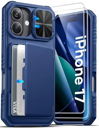 ATATOO iPhone 17 uchun HD temperli shisha ekran himoyachisi [2 dona], karta ushlagich va sirg'ali kamera qopqog'i bilan hamyon, harbiy darajadagi himoya, iPhone 17 6.3