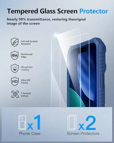 ATATOO iPhone 17 uchun HD temperli shisha ekran himoyachisi [2 dona], karta ushlagich va sirg'ali kamera qopqog'i bilan hamyon, harbiy darajadagi himoya, iPhone 17 6.3