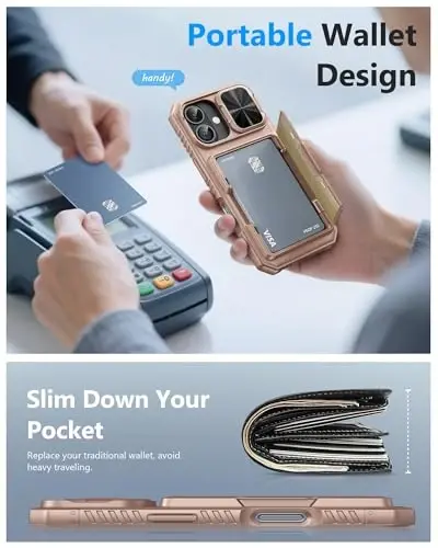 ATATOO iPhone 17 uchun karta ushlagichli g'ilof (3-5 ta kartani saqlaydi) & [RFID blokirovka] & Sürgülü linza qopqog'i, harbiy darajadagi himoya, silikon himoya hamyon g'ilofi iPhone 17 6.3