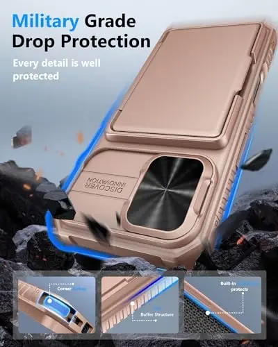 ATATOO iPhone 17 uchun karta ushlagichli g'ilof (3-5 ta kartani saqlaydi) & [RFID blokirovka] & Sürgülü linza qopqog'i, harbiy darajadagi himoya, silikon himoya hamyon g'ilofi iPhone 17 6.3