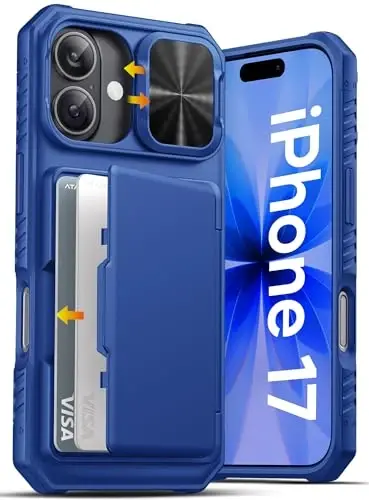 ATATOO iPhone 17 uchun karta ushlagichli g'ilof (3-5 ta kartani saqlaydi) [RFID blokirovkasi] va surma kamerasi qopqog'i, harbiy darajadagi himoya, iPhone 17 6.3