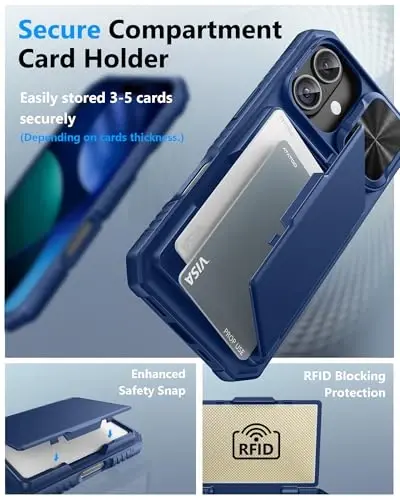 ATATOO iPhone 17 Wallet Case uchun, O'rnatilgan Kartalar Uskunasi (3-5 ta Kartani saqlash) & Slayd Kamera Qopqog'i & RFID Blocking, Harbiy Standart Himoya, iPhone 17 6.3