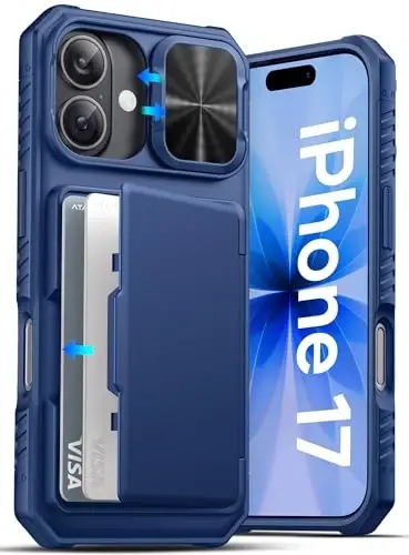 ATATOO iPhone 17 Wallet Case uchun, O'rnatilgan Kartalar Uskunasi (3-5 ta Kartani saqlash) & Slayd Kamera Qopqog'i & RFID Blocking, Harbiy Standart Himoya, iPhone 17 6.3