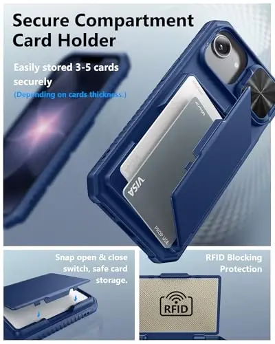 ATATOO iPhone 17e ve 16e Cüzdan Kılıf, Dahili Kart Tutucu (3-5 Kart) ve Sürgülü Kamera Kapağı ve RFID Engelleme, Askeri Sınıf Koruma, iPhone 17e/16e 6.1