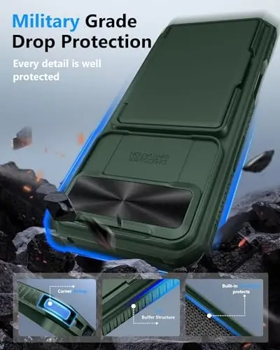 ATATOO iPhone Air Case uchun, O'rnatilgan kartalar ushlagichi (3-5 ta kartani saqlaydi) va sirpanuvchi kamera qopqog'i, harbiy darajadagi himoya, og'ir yukga bardoshli mustahkam hamyon qopqog'i iPhone Air 2025 6.5