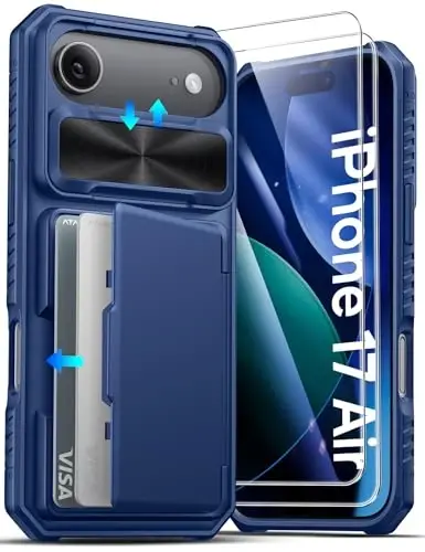 ATATOO iPhone Air Case Wallet uchun HD temperlangan shisha ekran himoyachisi [2 dona], kartalar uchun joy va sirg'anuvchi kamera qopqog'i, tushishdan himoya, iPhone Air 2025 6.5