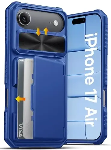 ATATOO iPhone Air uchun kartalar uchun joyi bo'lgan g'ilof (3-5 ta kartani saqlaydi) va [RFID blokirovka] va sirg'aluvchi kamera qopqog'i, harbiy standart himoya, iPhone Air 2025 6.5