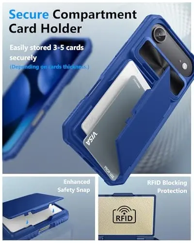 ATATOO iPhone Air uchun kartalar uchun joyi bo'lgan g'ilof (3-5 ta kartani saqlaydi) va [RFID blokirovka] va sirg'aluvchi kamera qopqog'i, harbiy standart himoya, iPhone Air 2025 6.5
