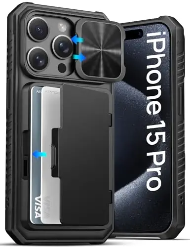 ATATOO uchun iPhone 15 Pro G'ilof Hamyon, O'rnatilgan Karta Egasi(4-5 ta kartani saqlash) & Sürgülü Kamera Qopqog'i & Tayanch, Harbiy Sifatdagi Himoya, 15 Pro 6.1