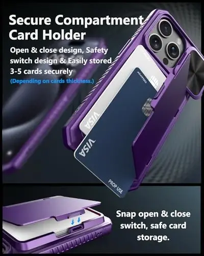ATATOO uchun iPhone 15 Pro keys hamyon kartali (3-5 ta kartani saqlash) va slayd linza qopqog'i, harbiy darajadagi himoya, iPhone 15 Pro 6.1