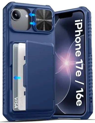 ATATOO uchun iPhone 17e & 16e hamyon g‘ilofi, o‘rnatilgan karta ushlagich (3-5 ta karta) va siljydigan kamera qopqog‘i hamda RFID blokirovkasi, Harbiy darajadagi himoya, iPhone 17e/16e 6.1