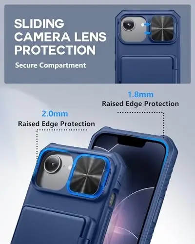 ATATOO uchun iPhone 17e & 16e hamyon g‘ilofi, o‘rnatilgan karta ushlagich (3-5 ta karta) va siljydigan kamera qopqog‘i hamda RFID blokirovkasi, Harbiy darajadagi himoya, iPhone 17e/16e 6.1