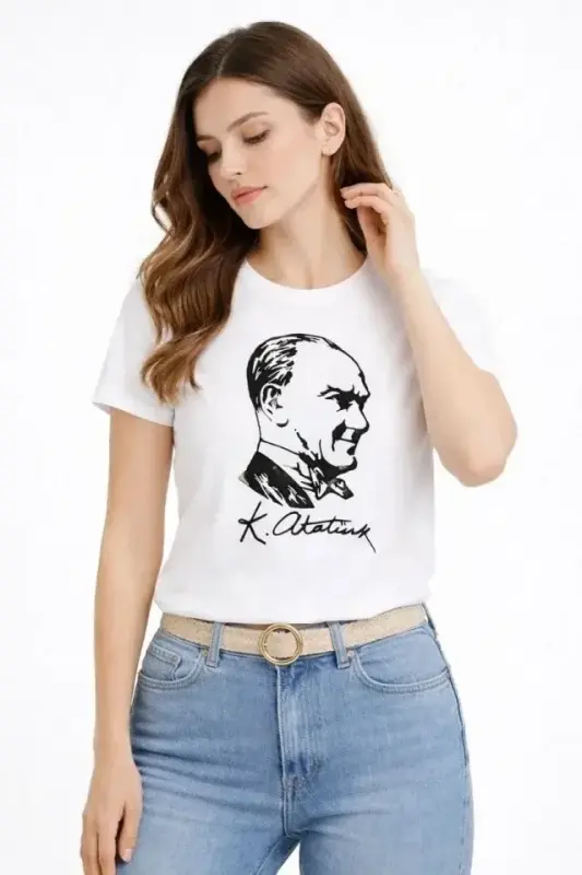 Atatürk Baskılı Tişört Kısa Kollu Bisiklet Yaka T-Shirt - Beyaz - 3