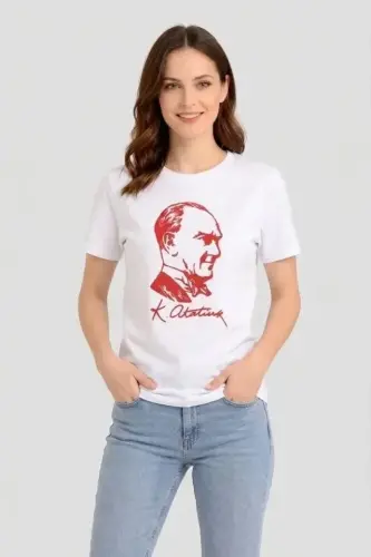 Atatürk Baskılı Tişört Kısa Kollu Bisiklet Yaka T-Shirt - Beyaz - 2