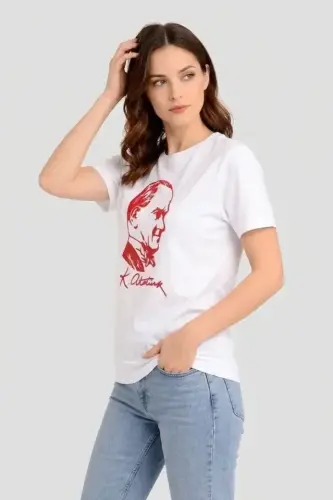 Atatürk Baskılı Tişört Kısa Kollu Bisiklet Yaka T-Shirt - Beyaz - 3