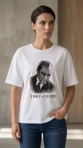 Atatürk Baskılı Tişört Kısa Kollu Bisiklet Yaka T-Shirt - Beyaz - 2