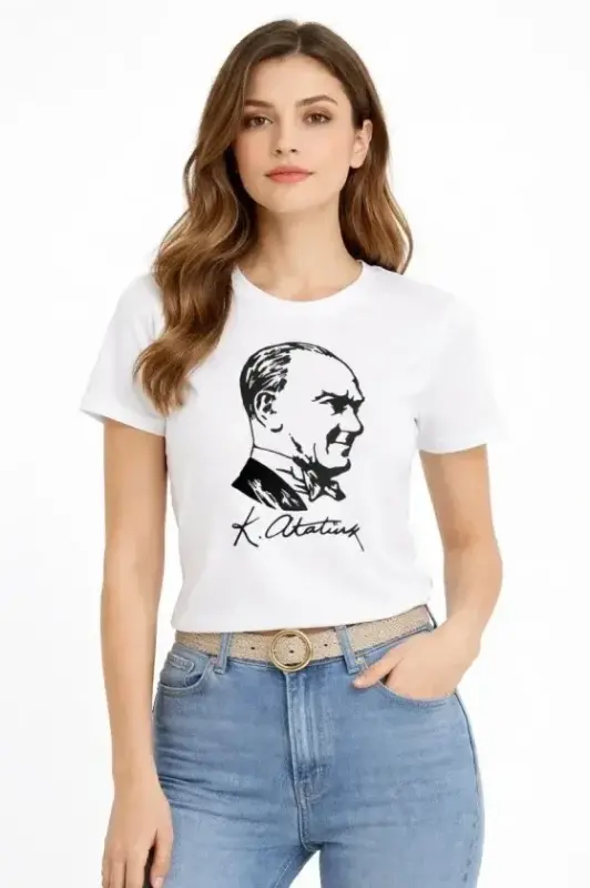 Atatürk Baskılı Tişört Kısa Kollu Bisiklet Yaka T-Shirt - Beyaz - BÜYÜKBEDENIZ