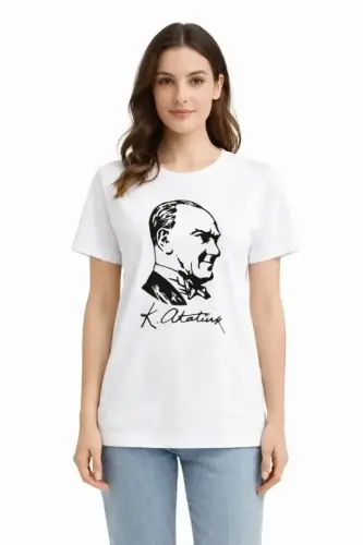 Atatürk Baskılı Tişört Kısa Kollu Bisiklet Yaka T-Shirt - Beyaz - BÜYÜKBEDENIZ (1)