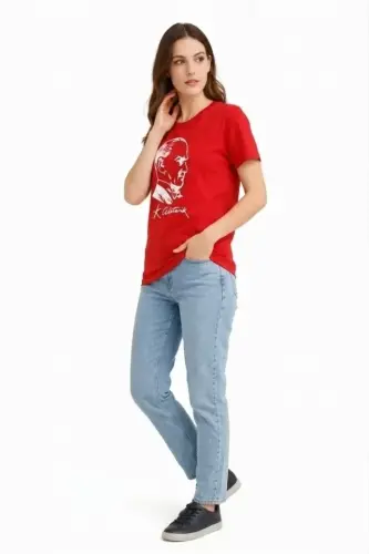 Atatürk Baskılı Tişört Kısa Kollu Bisiklet Yaka T-Shirt - Kırmızı - 2