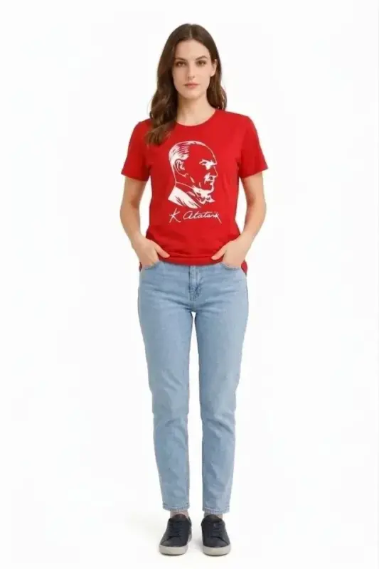 Atatürk Baskılı Tişört Kısa Kollu Bisiklet Yaka T-Shirt - Kırmızı - 3