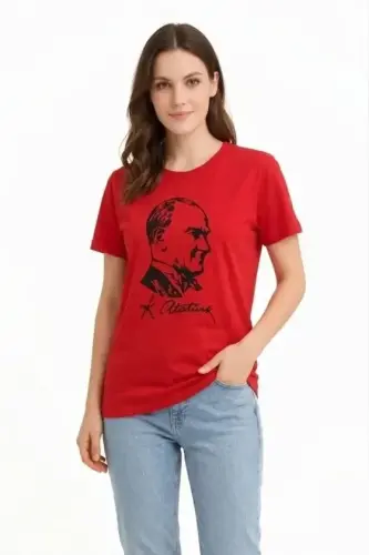 Atatürk Baskılı Tişört Kısa Kollu Bisiklet Yaka T-Shirt - Kırmızı - 1
