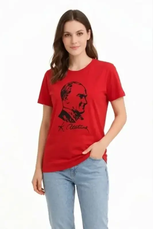 Atatürk Baskılı Tişört Kısa Kollu Bisiklet Yaka T-Shirt - Kırmızı - BÜYÜKBEDENIZ