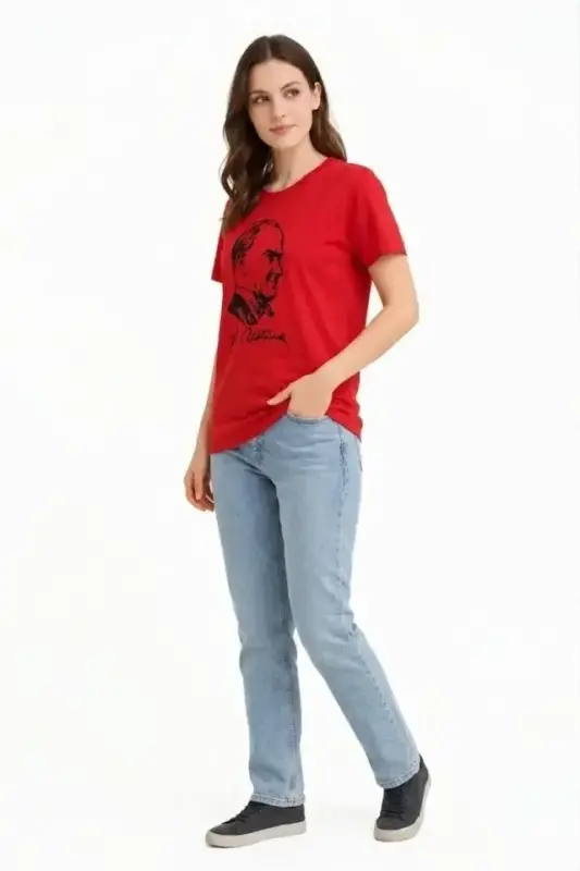 Atatürk Baskılı Tişört Kısa Kollu Bisiklet Yaka T-Shirt - Kırmızı - 2