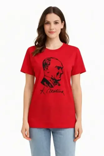 Atatürk Baskılı Tişört Kısa Kollu Bisiklet Yaka T-Shirt - Kırmızı - 3