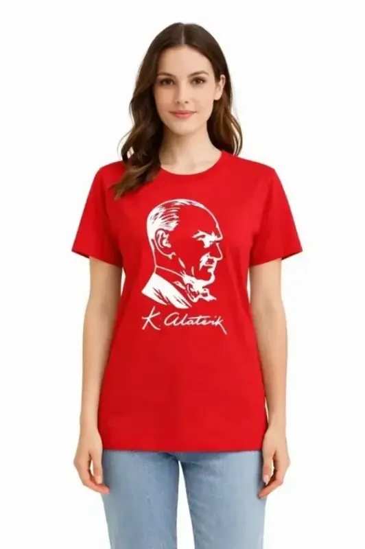 Atatürk Baskılı Tişört Kısa Kollu Bisiklet Yaka T-Shirt - Kırmızı - 1