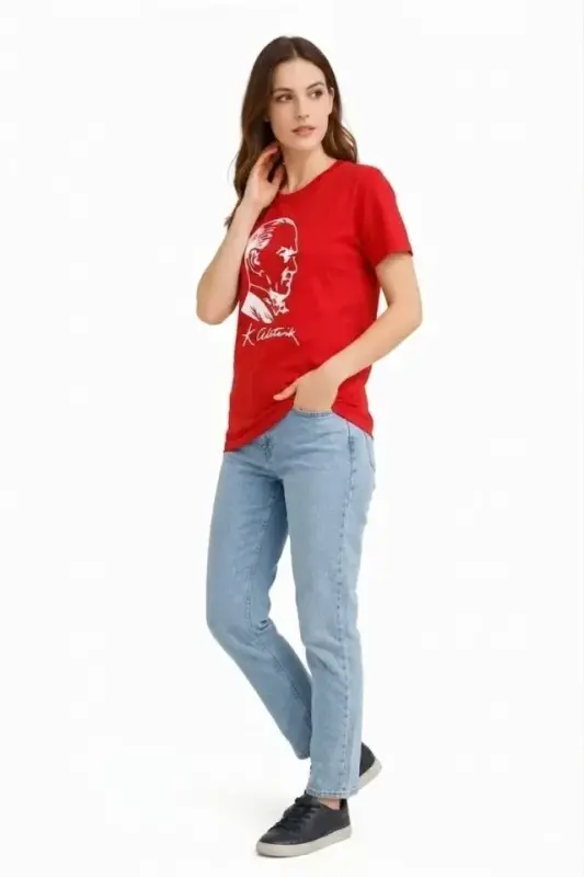 Atatürk Baskılı Tişört Kısa Kollu Bisiklet Yaka T-Shirt - Kırmızı - 2
