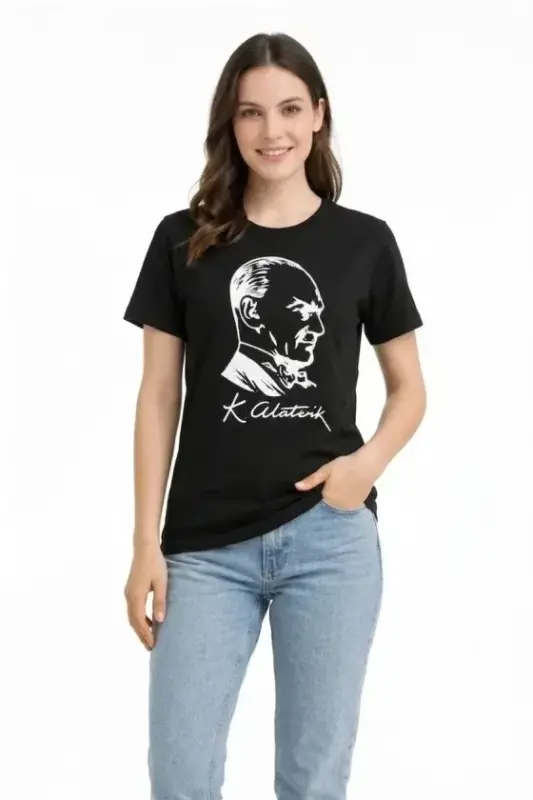 Atatürk Baskılı Tişört Kısa Kollu Bisiklet Yaka T-Shirt - Siyah - BÜYÜKBEDENIZ