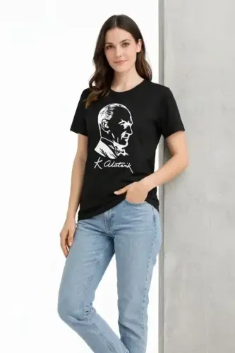 Atatürk Baskılı Tişört Kısa Kollu Bisiklet Yaka T-Shirt - Siyah - BÜYÜKBEDENIZ (1)