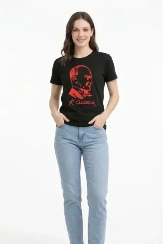 Atatürk Baskılı Tişört Kısa Kollu Bisiklet Yaka T-Shirt - Siyah - BÜYÜKBEDENIZ (1)