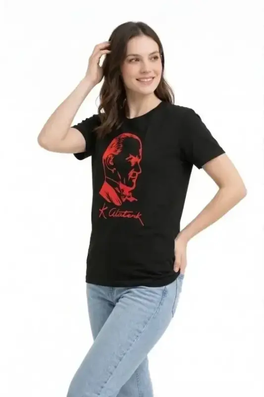 Atatürk Baskılı Tişört Kısa Kollu Bisiklet Yaka T-Shirt - Siyah - BÜYÜKBEDENIZ
